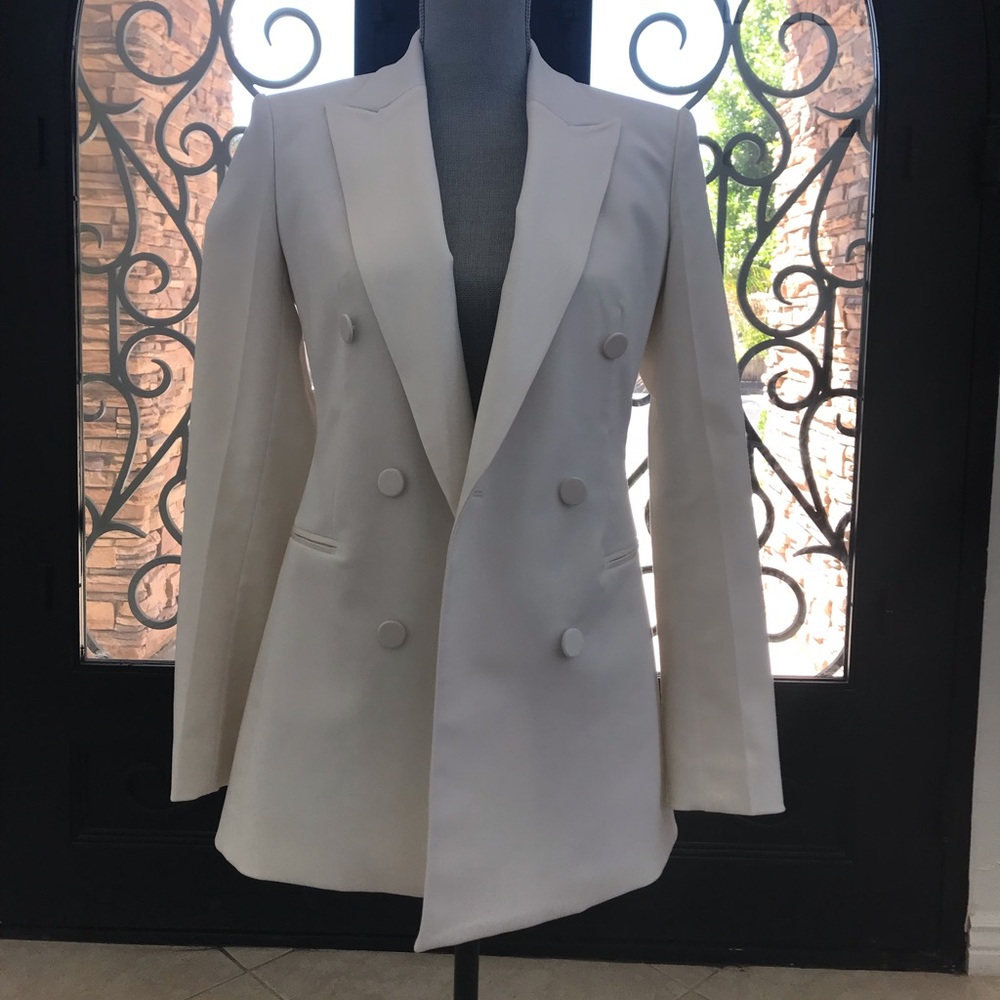 Double-Breasted Wool Tuxedo Blazer, White